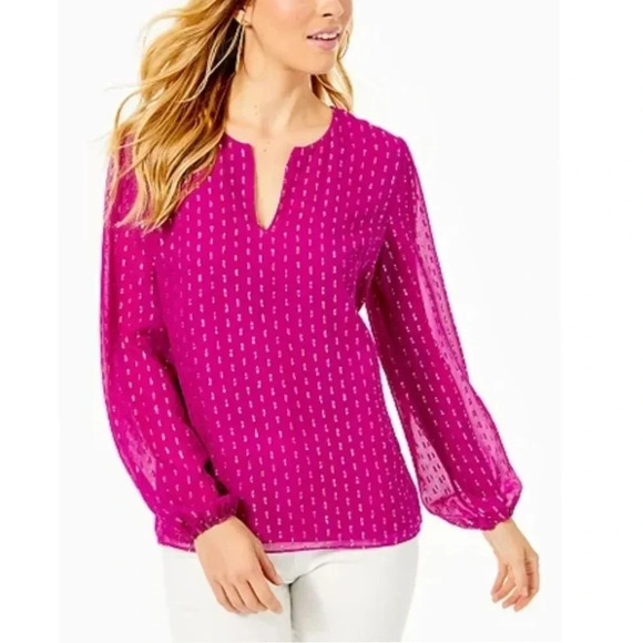 NEW Lilly Pulitzer AARON SILK TOP IN BORDEAUX BERRY RAINBOW METALLIC CLIP - Picture 1 of 7